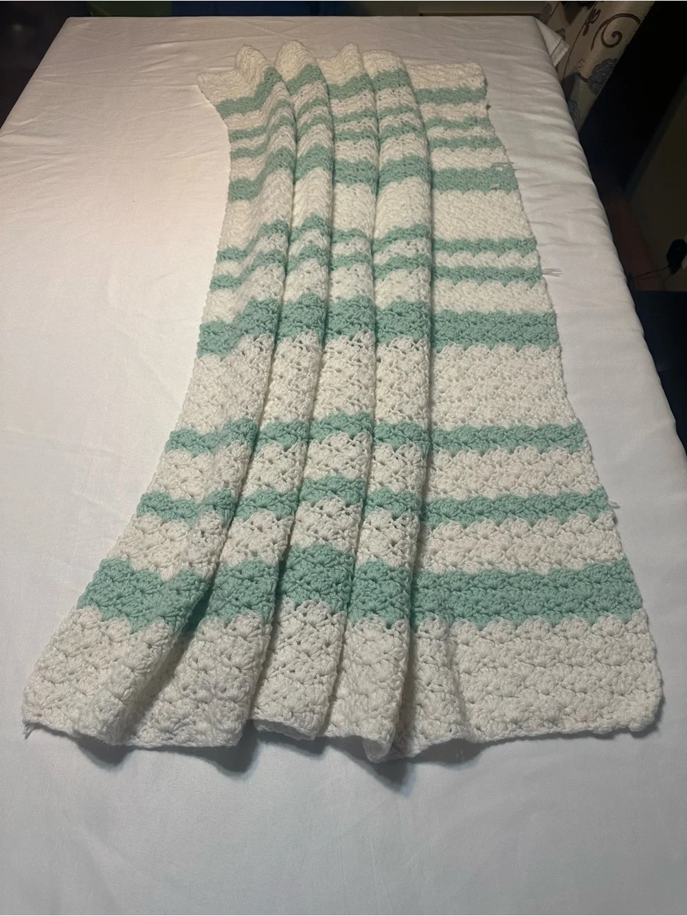 Hand Crafted White and Mint Crochet Throw Blanket